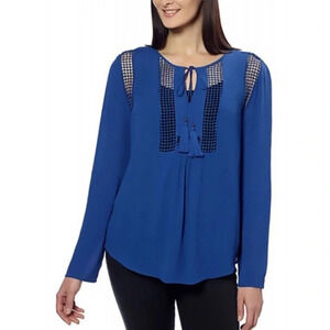 Joseph A Boho Peasant Blouse Tassel Open Knit Sapphire XL Chic Bohemian Folk